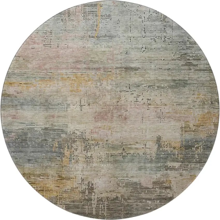 8' Sage Gold And Beige Abstract Washable Round Rug With UV Protection Photo 3