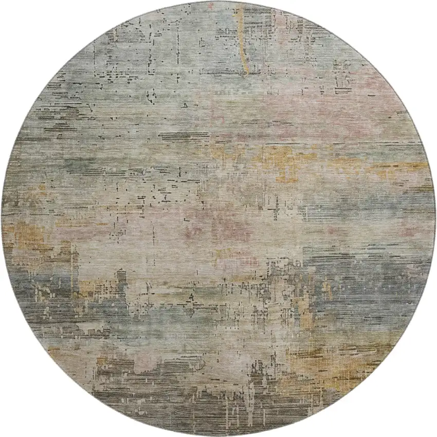 8' Sage Gold And Beige Abstract Washable Round Rug With UV Protection Photo 1