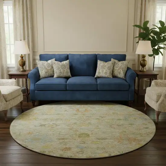 8' Sage Gold And Blue Floral Washable Round Rug With UV Protection Photo 2