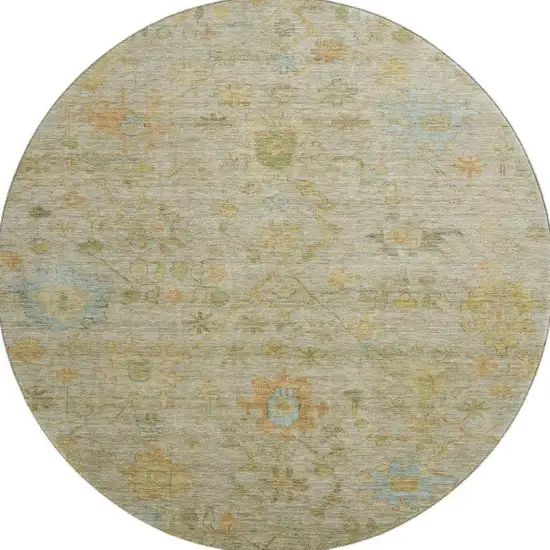 8' Sage Gold And Blue Floral Washable Round Rug With UV Protection Photo 4