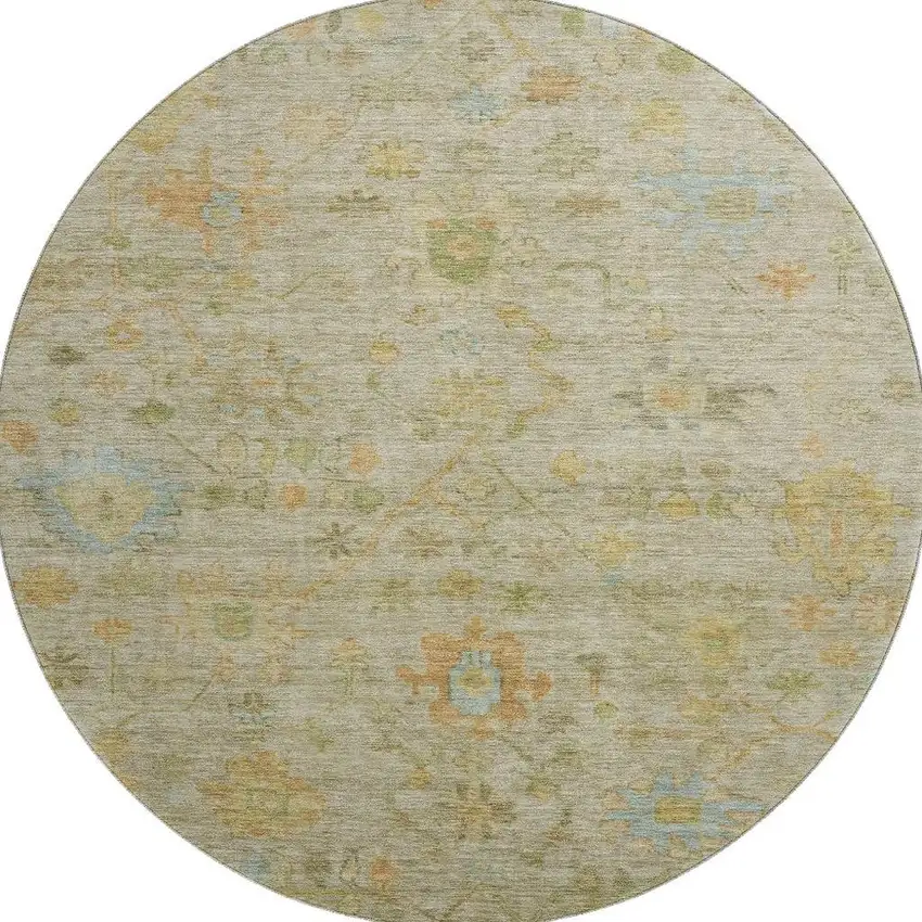8' Sage Gold And Blue Floral Washable Round Rug With UV Protection Photo 4