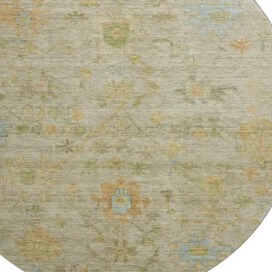 8' Sage Gold And Blue Floral Washable Round Rug With UV Protection Photo 3