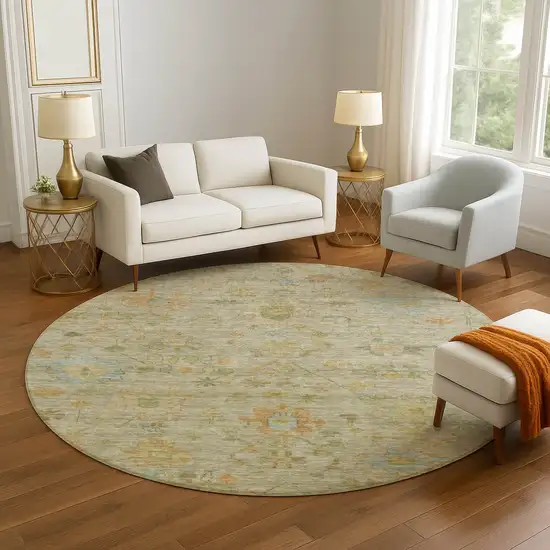 8' Sage Gold And Blue Floral Washable Round Rug With UV Protection Photo 5