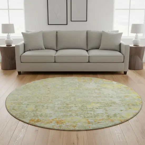 8' Sage Gold And Copper Oriental Washable Round Rug With UV Protection Photo 2