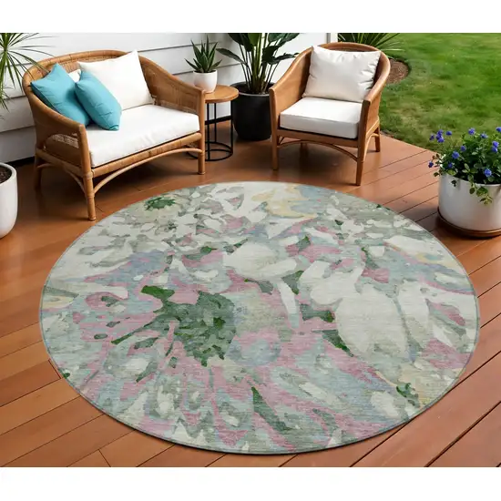8' Sage Gold And Emerald Round Floral Washable Indoor Outdoor Area Rug Photo 1