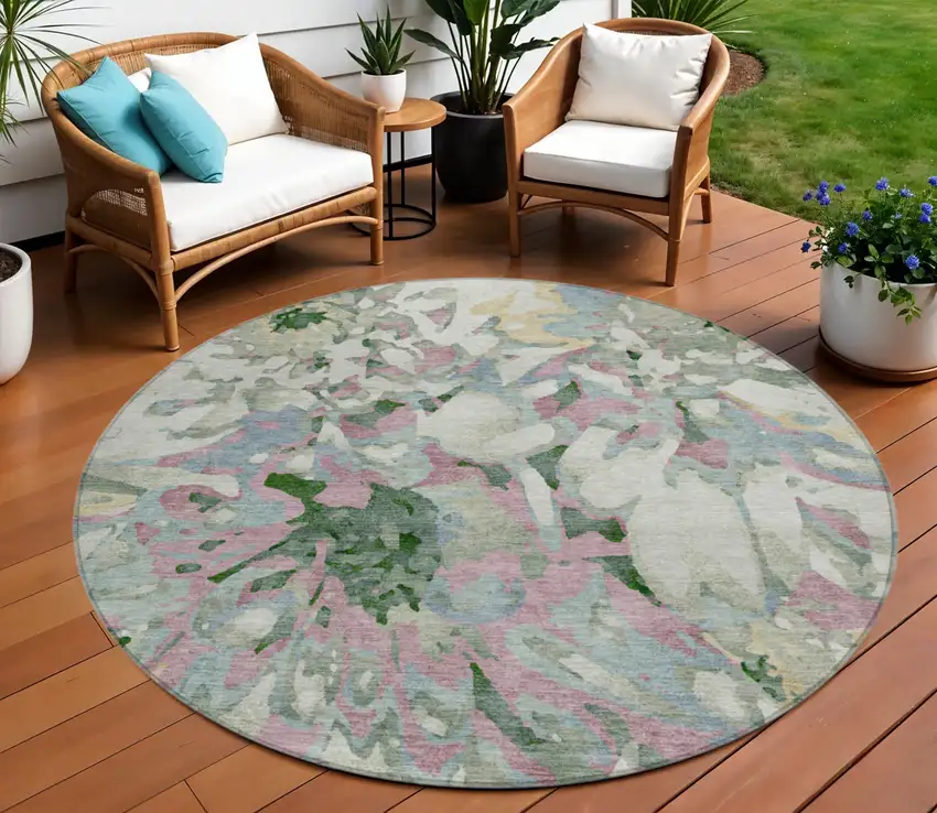 8' Sage Gold And Emerald Round Floral Washable Indoor Outdoor Area Rug Photo 1