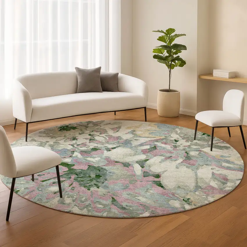 8' Sage Gold And Emerald Round Floral Washable Indoor Outdoor Area Rug Photo 9