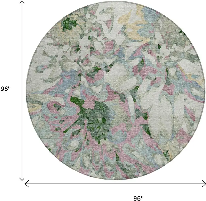 8' Sage Gold And Emerald Round Floral Washable Indoor Outdoor Area Rug Photo 3