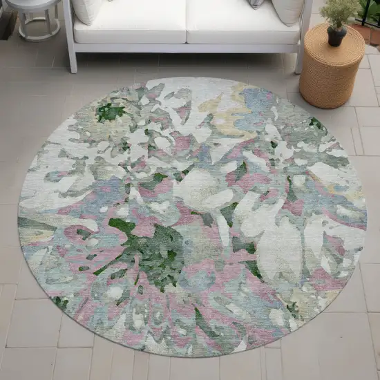 8' Sage Gold And Emerald Round Floral Washable Indoor Outdoor Area Rug Photo 8
