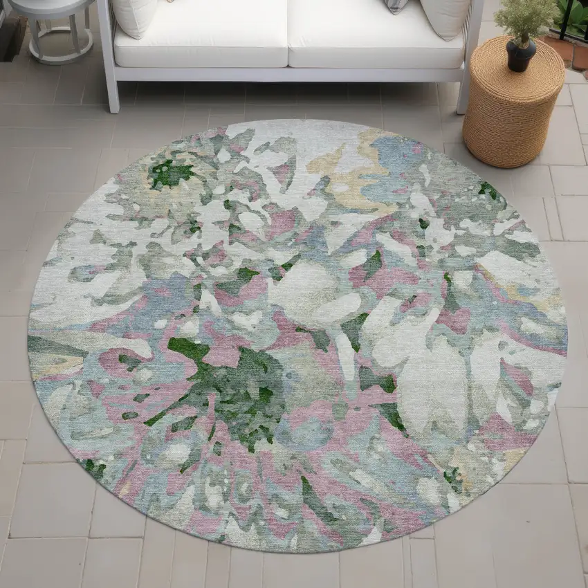 8' Sage Gold And Emerald Round Floral Washable Indoor Outdoor Area Rug Photo 8