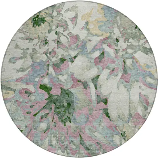 8' Sage Gold And Emerald Round Floral Washable Indoor Outdoor Area Rug Photo 2