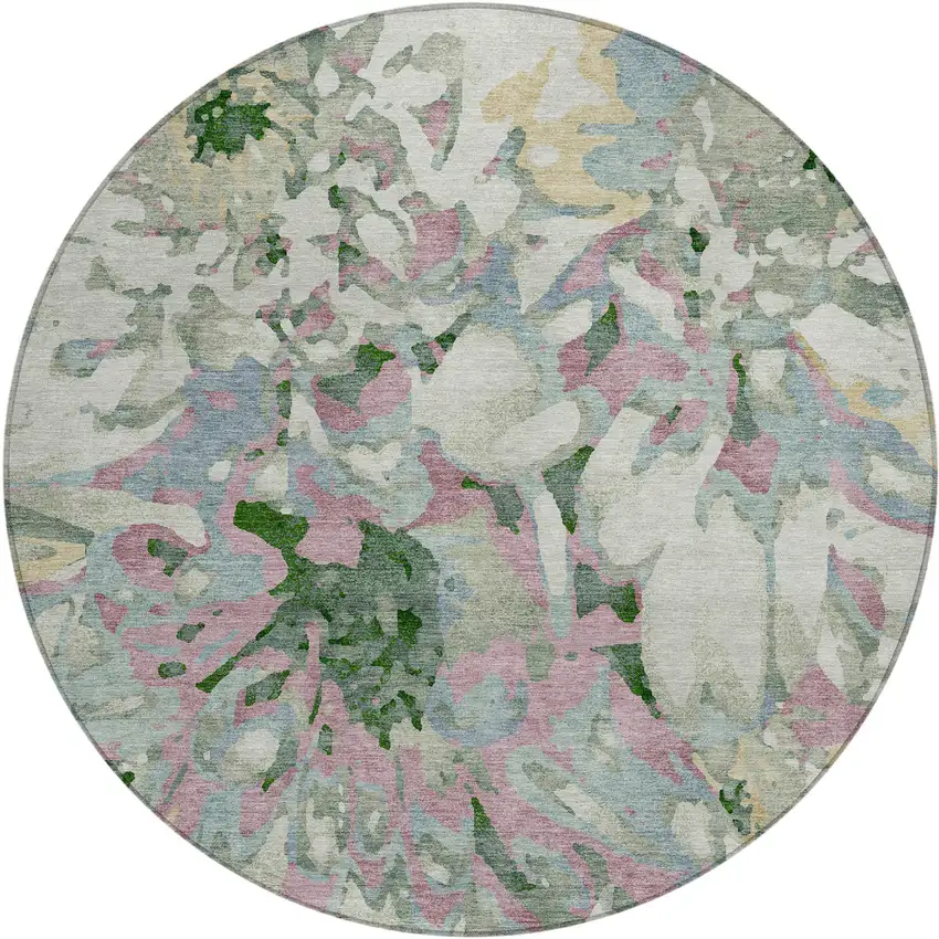 8' Sage Gold And Emerald Round Floral Washable Indoor Outdoor Area Rug Photo 2