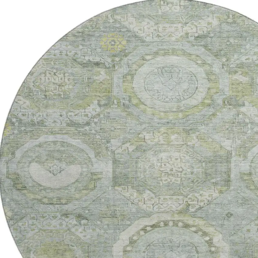 8' Sage Gold And Gray Mosaic Washable Round Rug With UV Protection Photo 2