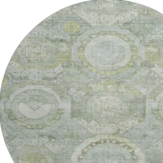 8' Sage Gold And Gray Mosaic Washable Round Rug With UV Protection Photo 2