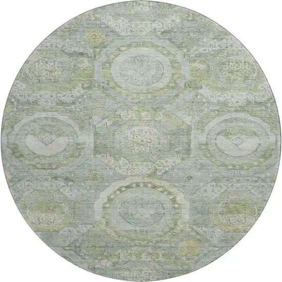 8' Sage Gold And Gray Mosaic Washable Round Rug With UV Protection Photo 1