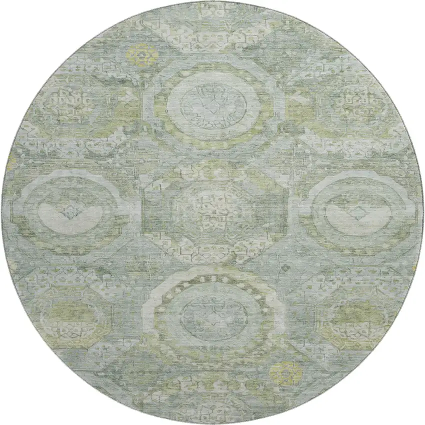 8' Sage Gold And Gray Mosaic Washable Round Rug With UV Protection Photo 1