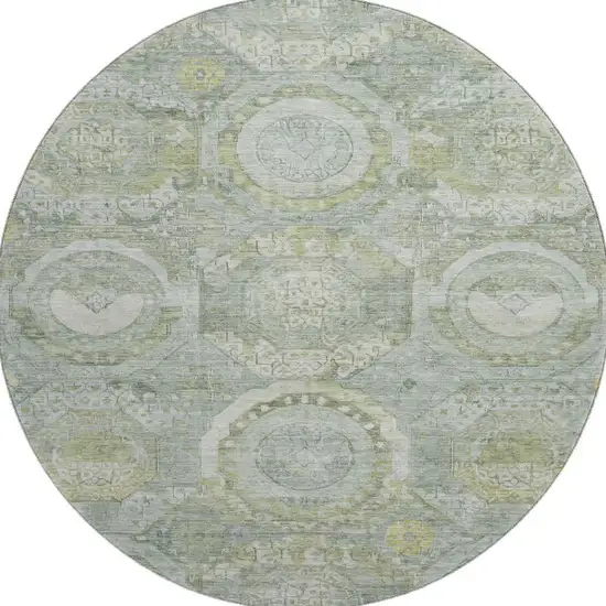8' Sage Gold And Gray Mosaic Washable Round Rug With UV Protection Photo 3