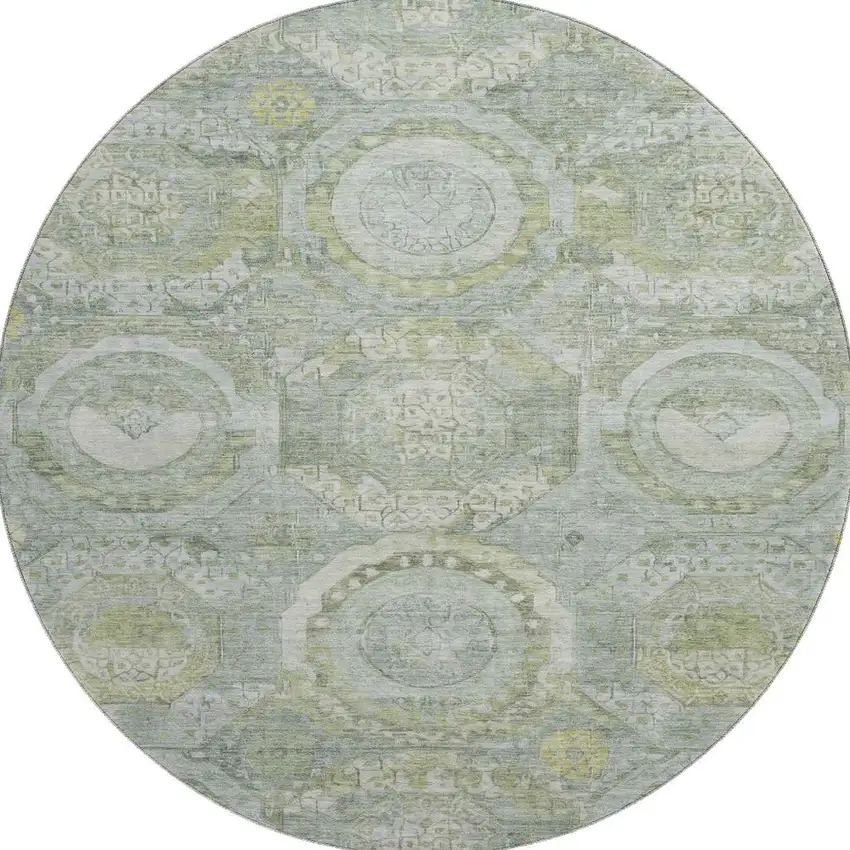8' Sage Gold And Gray Mosaic Washable Round Rug With UV Protection Photo 3