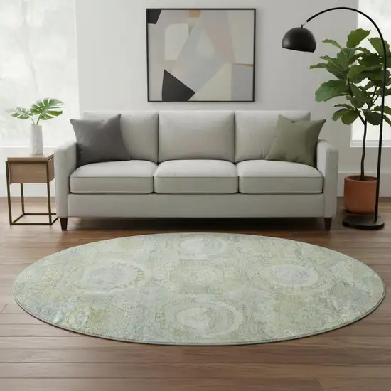 8' Sage Gold And Gray Mosaic Washable Round Rug With UV Protection Photo 2