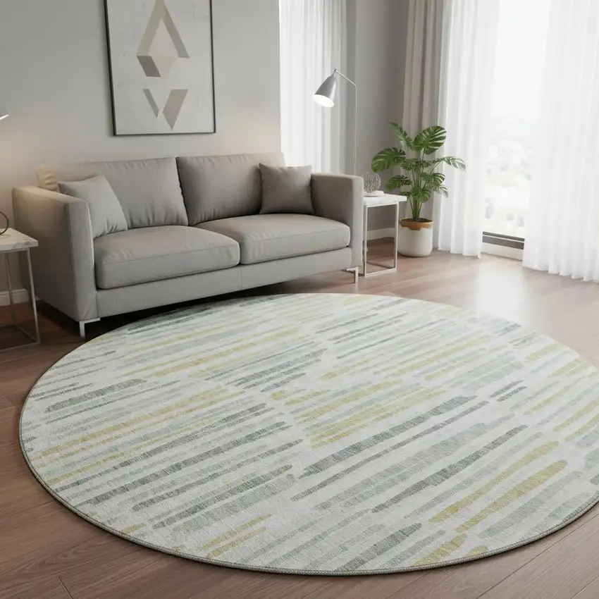 8' Sage Gold And Ivory Abstract Washable Round Rug With UV Protection Photo 2