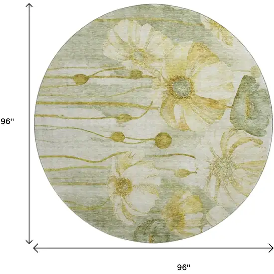 8' Sage Gold And Ivory Floral Washable Round Rug With UV Protection Photo 6