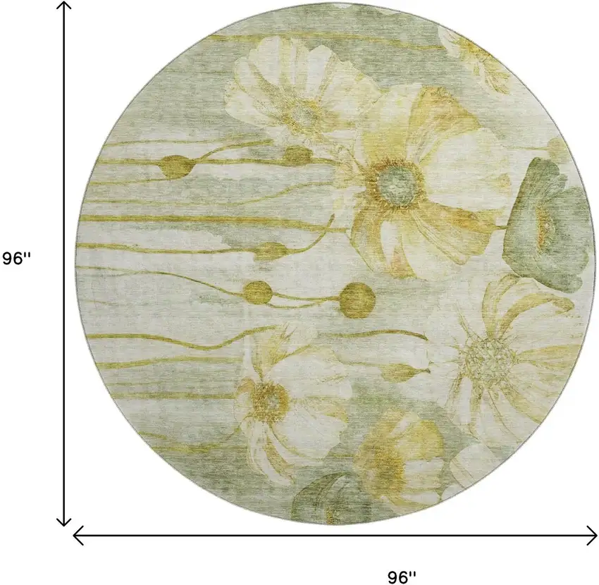 8' Sage Gold And Ivory Floral Washable Round Rug With UV Protection Photo 6