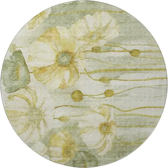 8' Sage Gold And Ivory Floral Washable Round Rug With UV Protection Photo 4