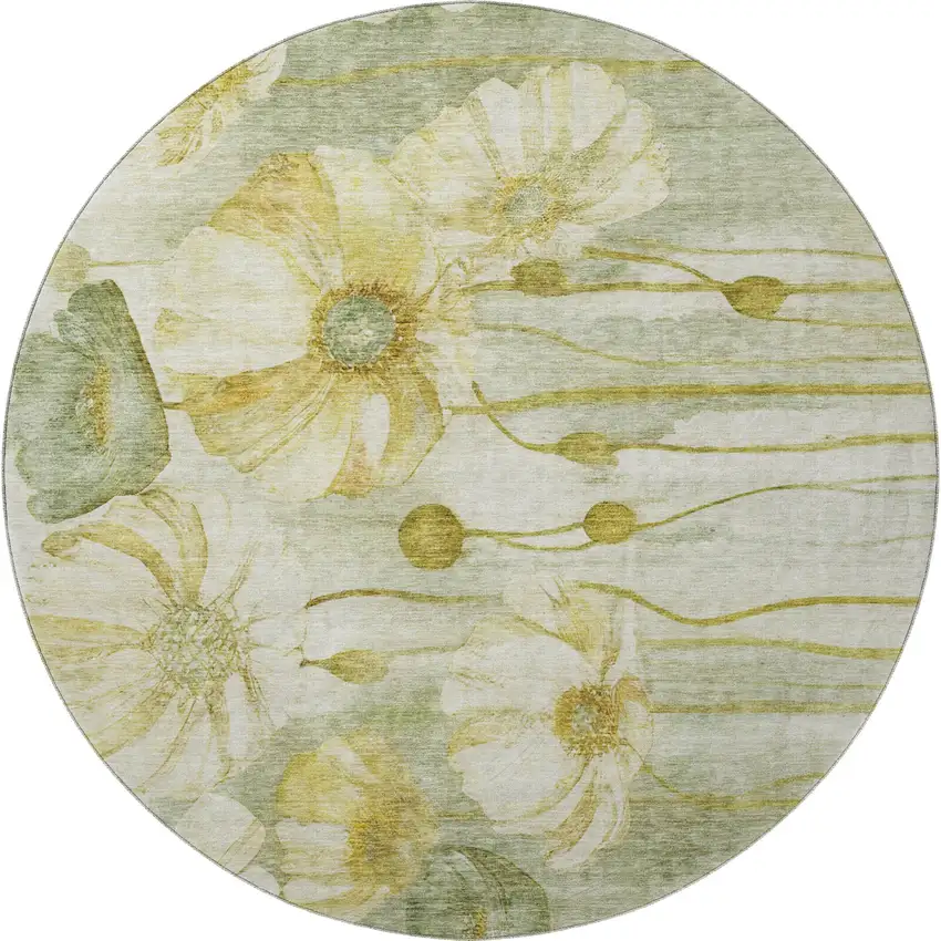 8' Sage Gold And Ivory Floral Washable Round Rug With UV Protection Photo 4
