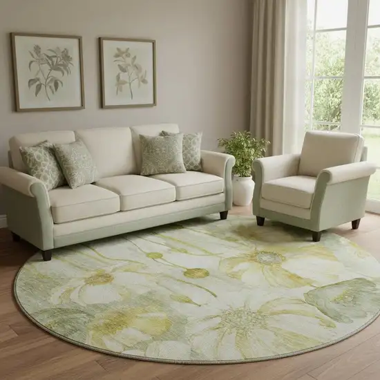 8' Sage Gold And Ivory Floral Washable Round Rug With UV Protection Photo 1