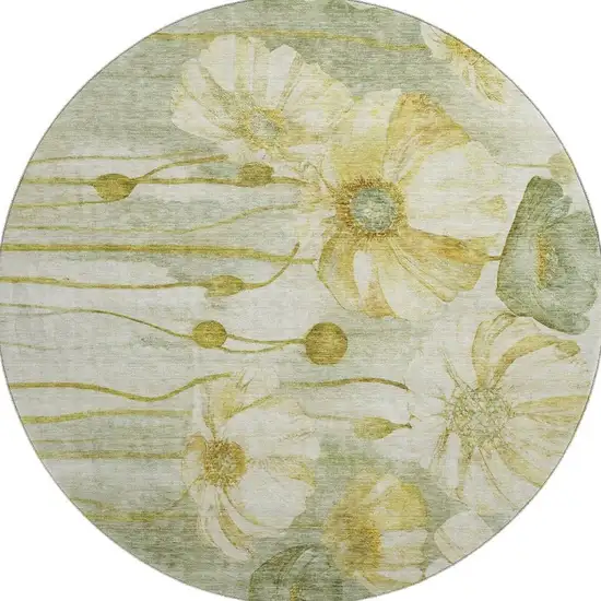 8' Sage Gold And Ivory Floral Washable Round Rug With UV Protection Photo 3