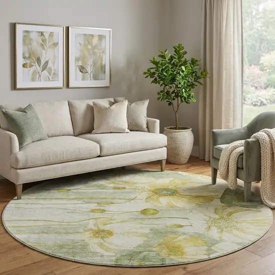 8' Sage Gold And Ivory Floral Washable Round Rug With UV Protection Photo 1