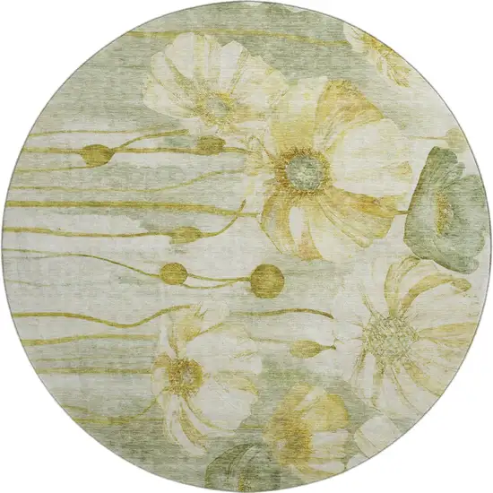 8' Sage Gold And Ivory Floral Washable Round Rug With UV Protection Photo 1