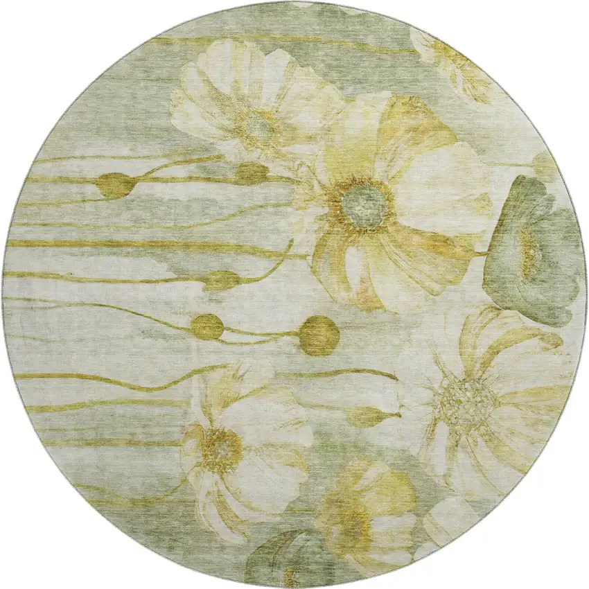 8' Sage Gold And Ivory Floral Washable Round Rug With UV Protection Photo 1