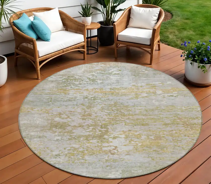 8' Sage Gold And Ivory Round Abstract Washable Indoor Outdoor Area Rug Photo 2