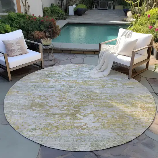 8' Sage Gold And Ivory Round Abstract Washable Indoor Outdoor Area Rug Photo 5