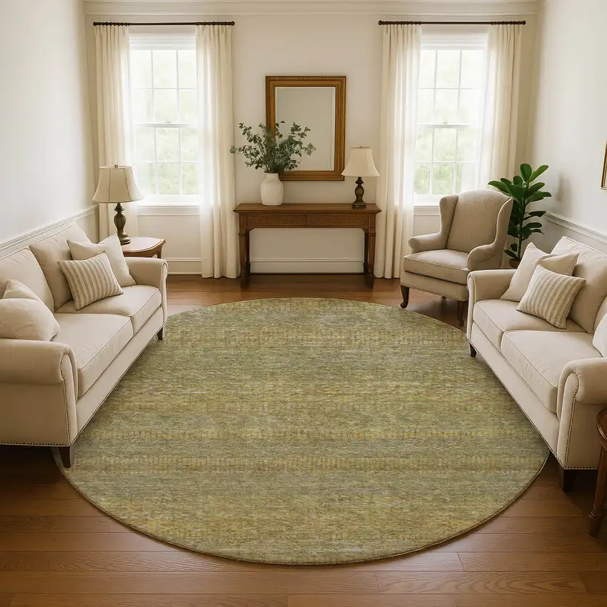 8' Sage Gold And Khaki Striped Washable Round Rug With UV Protection Photo 4