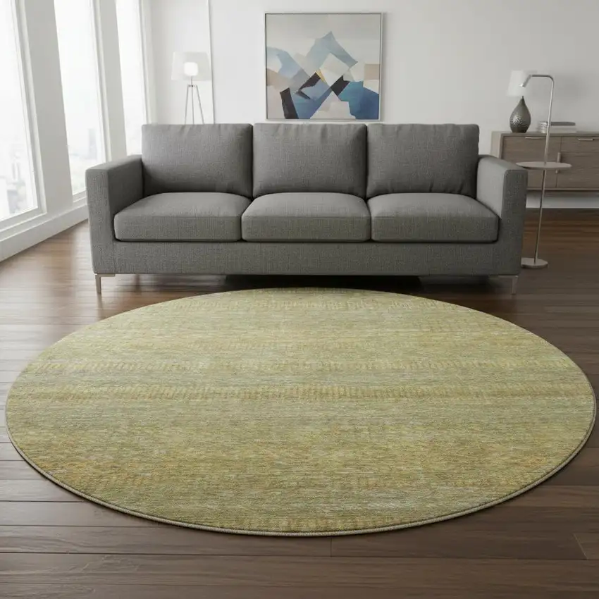 8' Sage Gold And Khaki Striped Washable Round Rug With UV Protection Photo 2