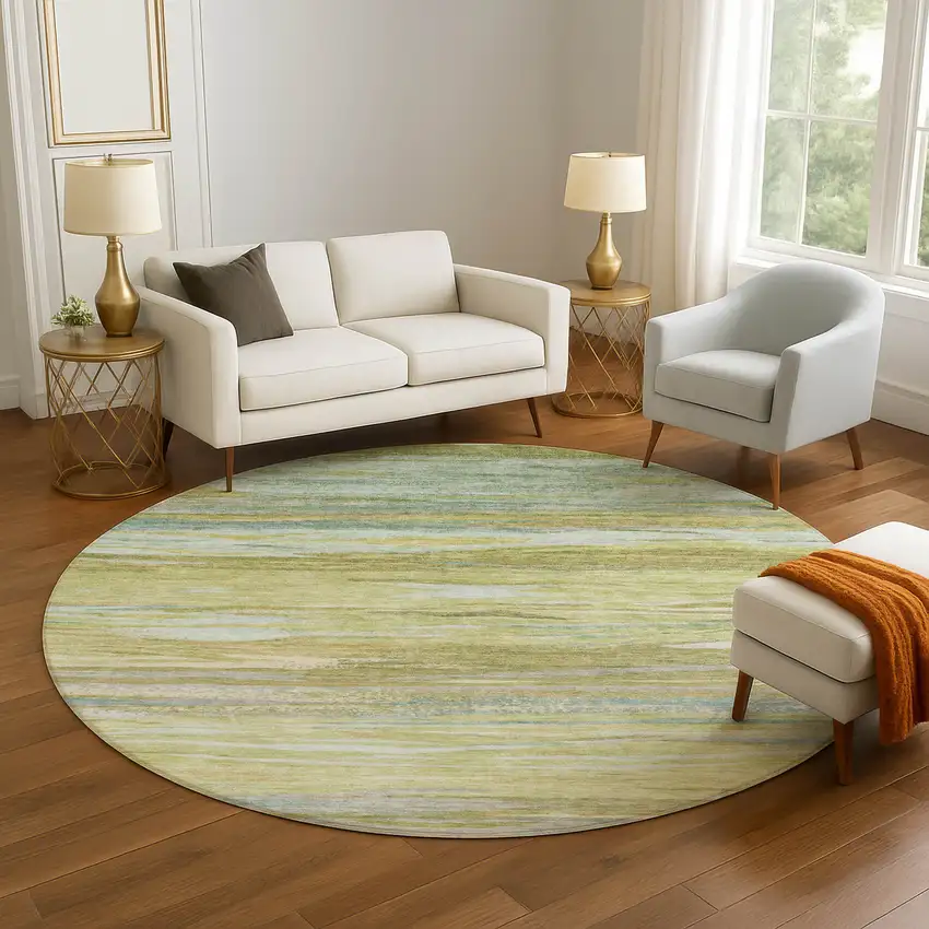 8' Sage Gray And Aqua Abstract Washable Round Rug With UV Protection Photo 5