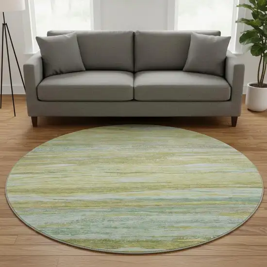 8' Sage Gray And Aqua Abstract Washable Round Rug With UV Protection Photo 2