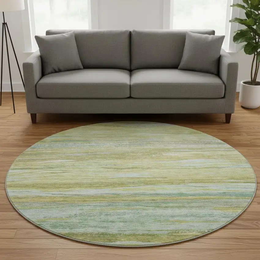 8' Sage Gray And Aqua Abstract Washable Round Rug With UV Protection Photo 2