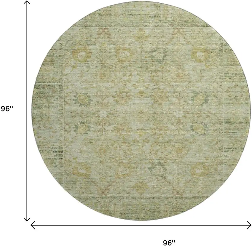 8' Sage Gray And Gold Oriental Washable Round Rug With UV Protection Photo 9