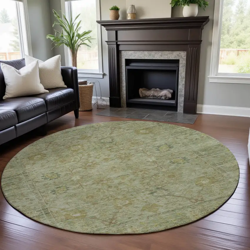 8' Sage Gray And Gold Oriental Washable Round Rug With UV Protection Photo 4