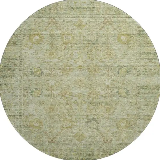8' Sage Gray And Gold Oriental Washable Round Rug With UV Protection Photo 3