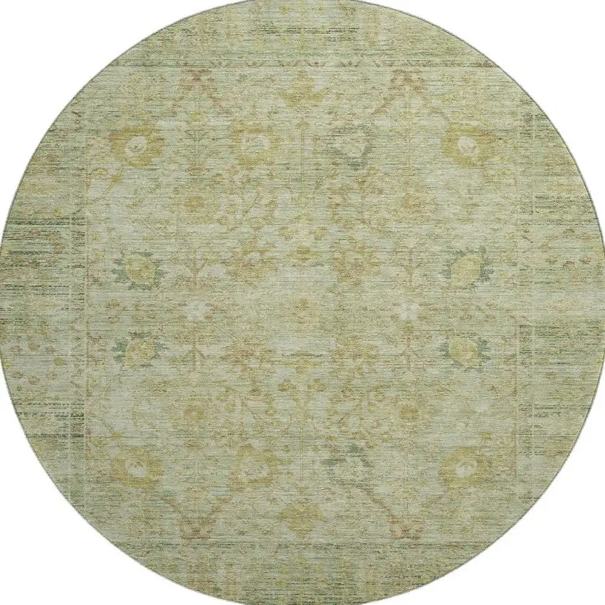8' Sage Gray And Gold Oriental Washable Round Rug With UV Protection Photo 3