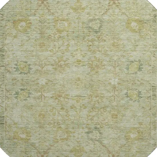 8' Sage Gray And Gold Oriental Washable Round Rug With UV Protection Photo 2