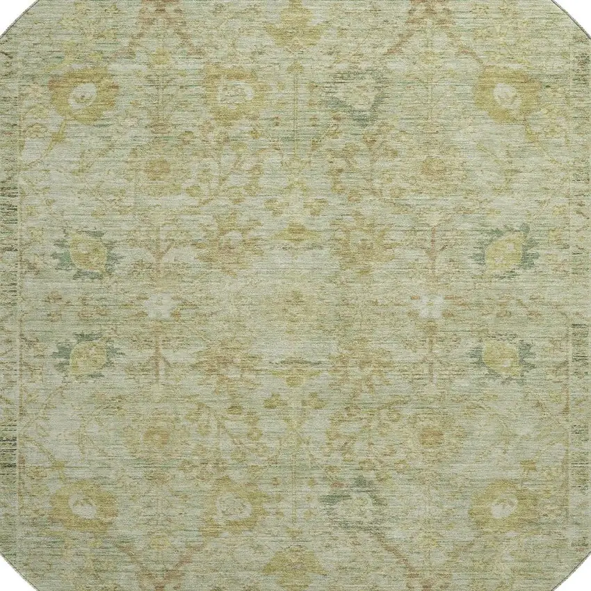 8' Sage Gray And Gold Oriental Washable Round Rug With UV Protection Photo 2