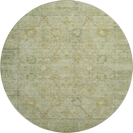 8' Sage Gray And Gold Oriental Washable Round Rug With UV Protection Photo 1