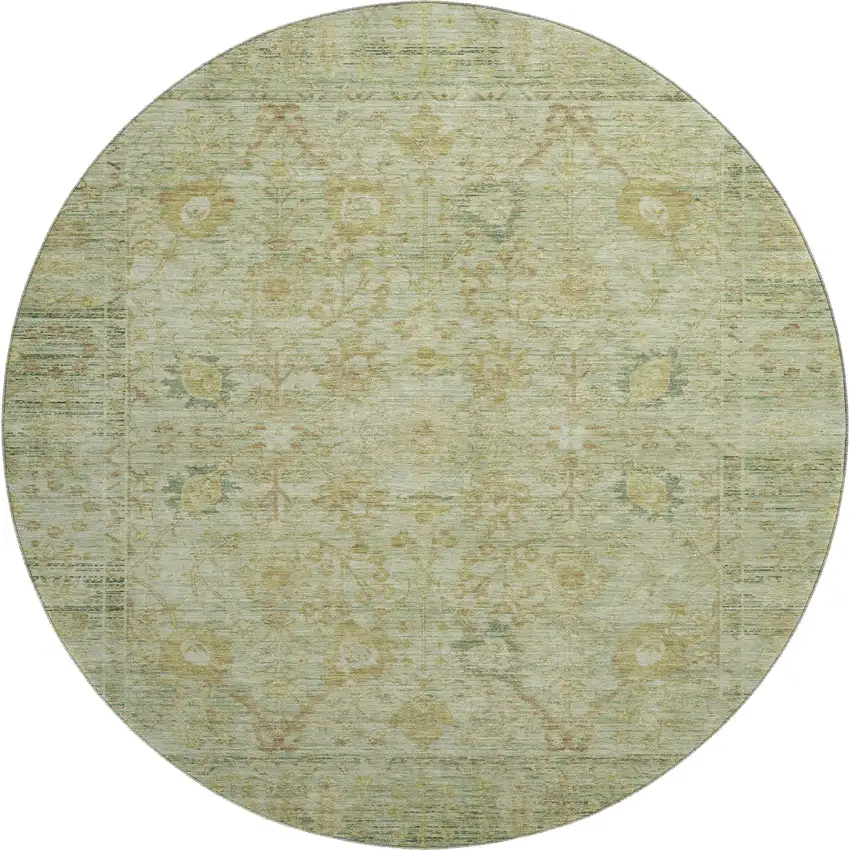 8' Sage Gray And Gold Oriental Washable Round Rug With UV Protection Photo 1