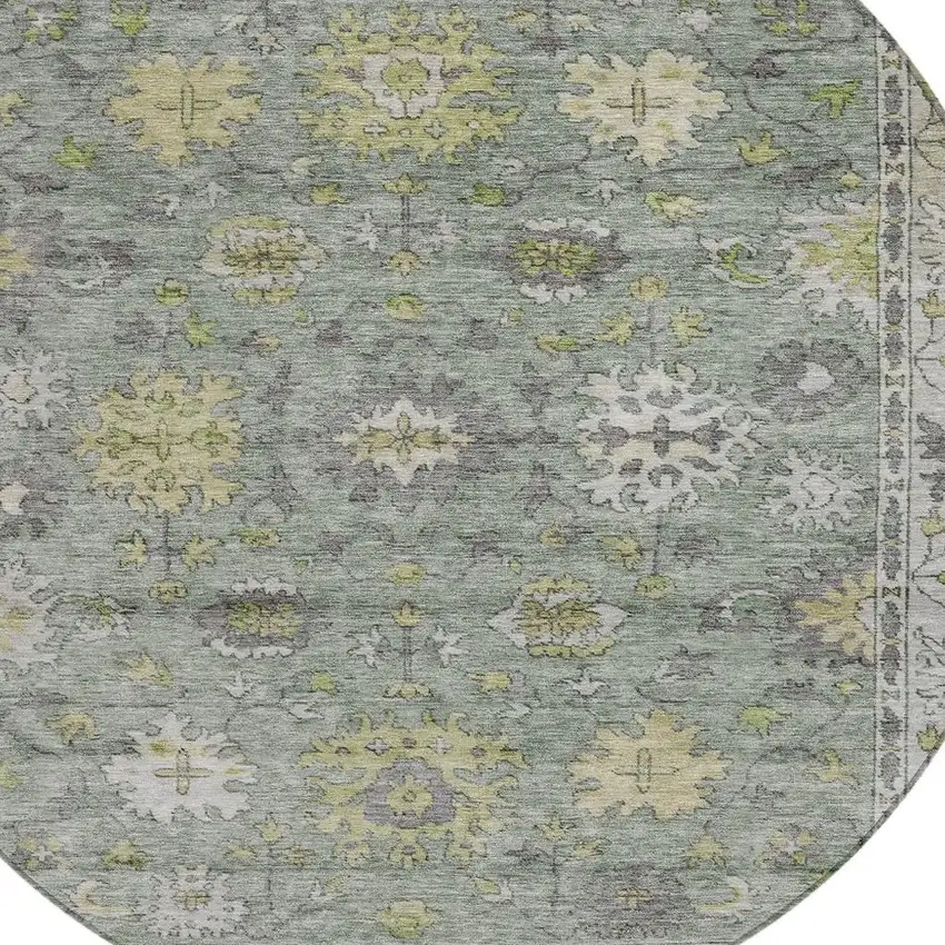 8' Sage Gray And Gold Round Floral Washable Indoor Outdoor Area Rug Photo 8