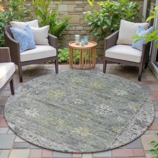 8' Sage Gray And Gold Round Floral Washable Indoor Outdoor Area Rug Photo 6